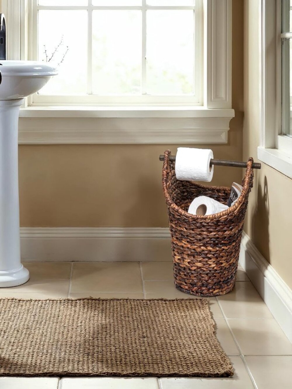 Boho Oval Braided Bankuan Bathroom Tissue/Toilet Paper Basket with Wood Handle, - Picture 2 of 8